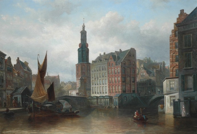 Elias Pieter van Bommel, 1819-1890, Gezicht op de Munttoren, Amsterdam, 1883.