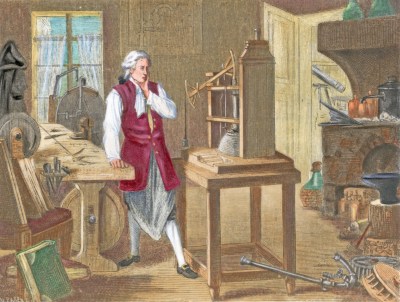 Illustration depicting James Watt in his laboratory studying improvements for the steam engine. Undated hand-colored engraving. --- Image by © Bettmann/CORBIS